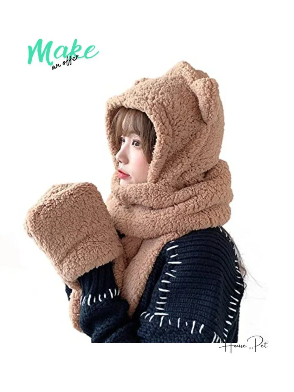 Plush Hooded Hat Long Scarf Gloves Set Bear Ear Winter Warm Accessories